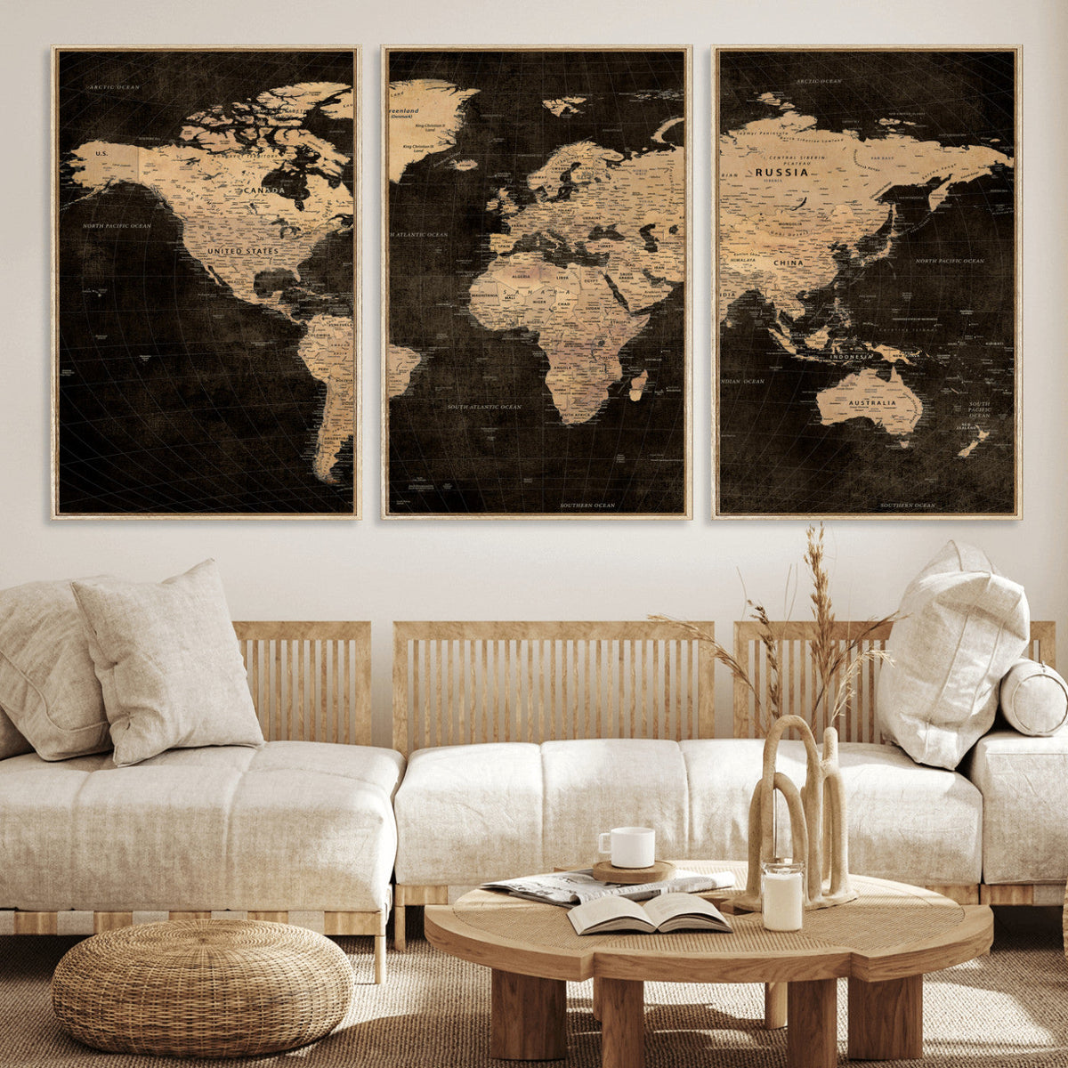 Brown World Map Canvas Print | Modern Travel Map Wall Art