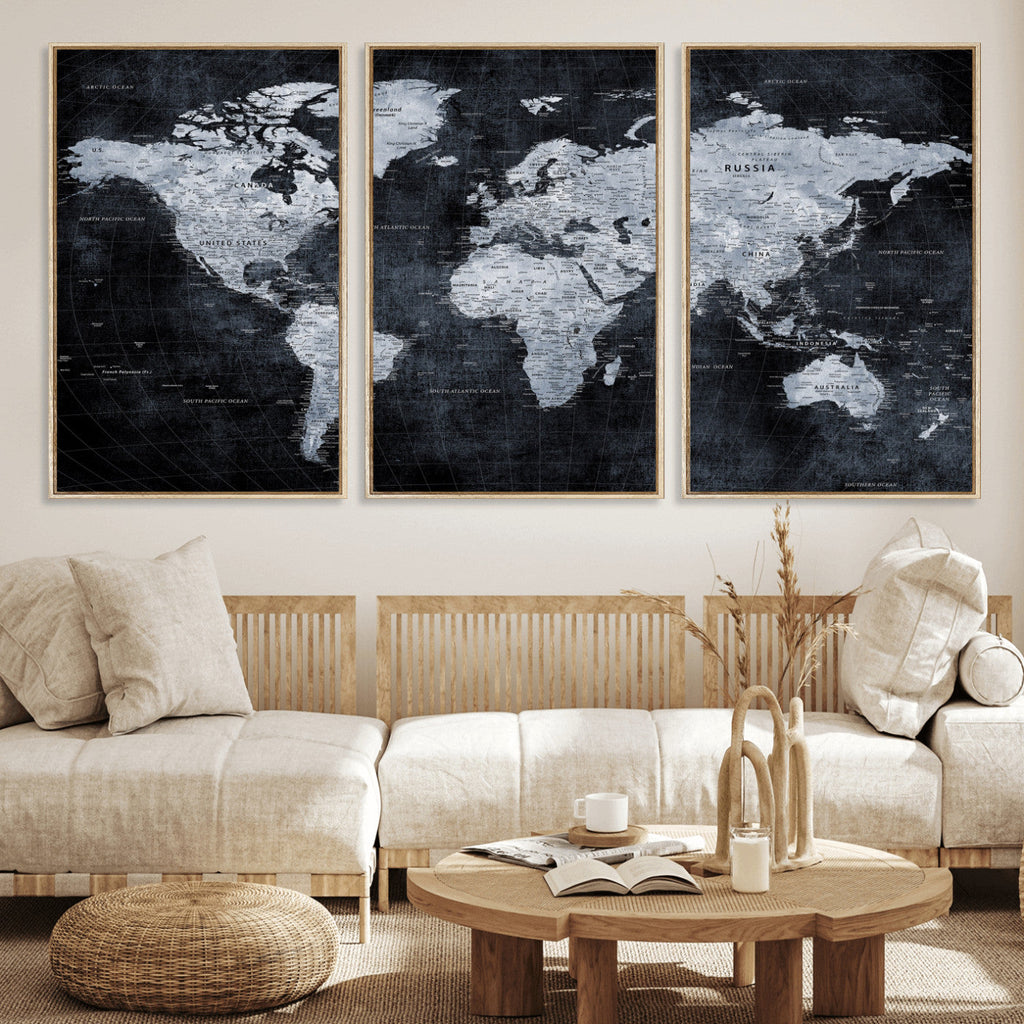 Black World Map Canvas Print | Detailed Map for Couples and Anniversary Gift