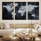 Black World Map Canvas Print | Detailed Map for Couples and Anniversary Gift