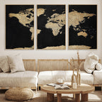 Beige World Map Canvas Wall Art Print, Minimal Black and Beige Map