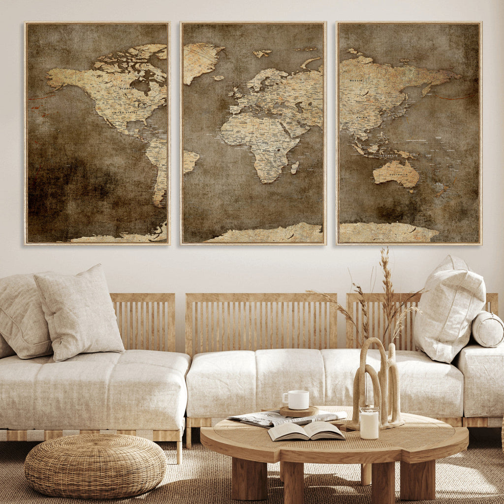 Dark Vintage World Map Canvas Wall Art Print, Antique Map Artwork