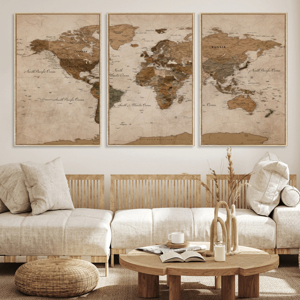World Map Canvas Wall Art Print, Detailed Global Map Artwork