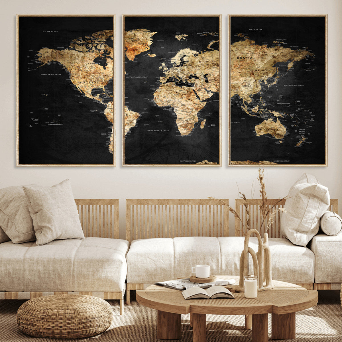 World Map Canvas Wall Art with Famous Landmarks | Framed Travel Map
