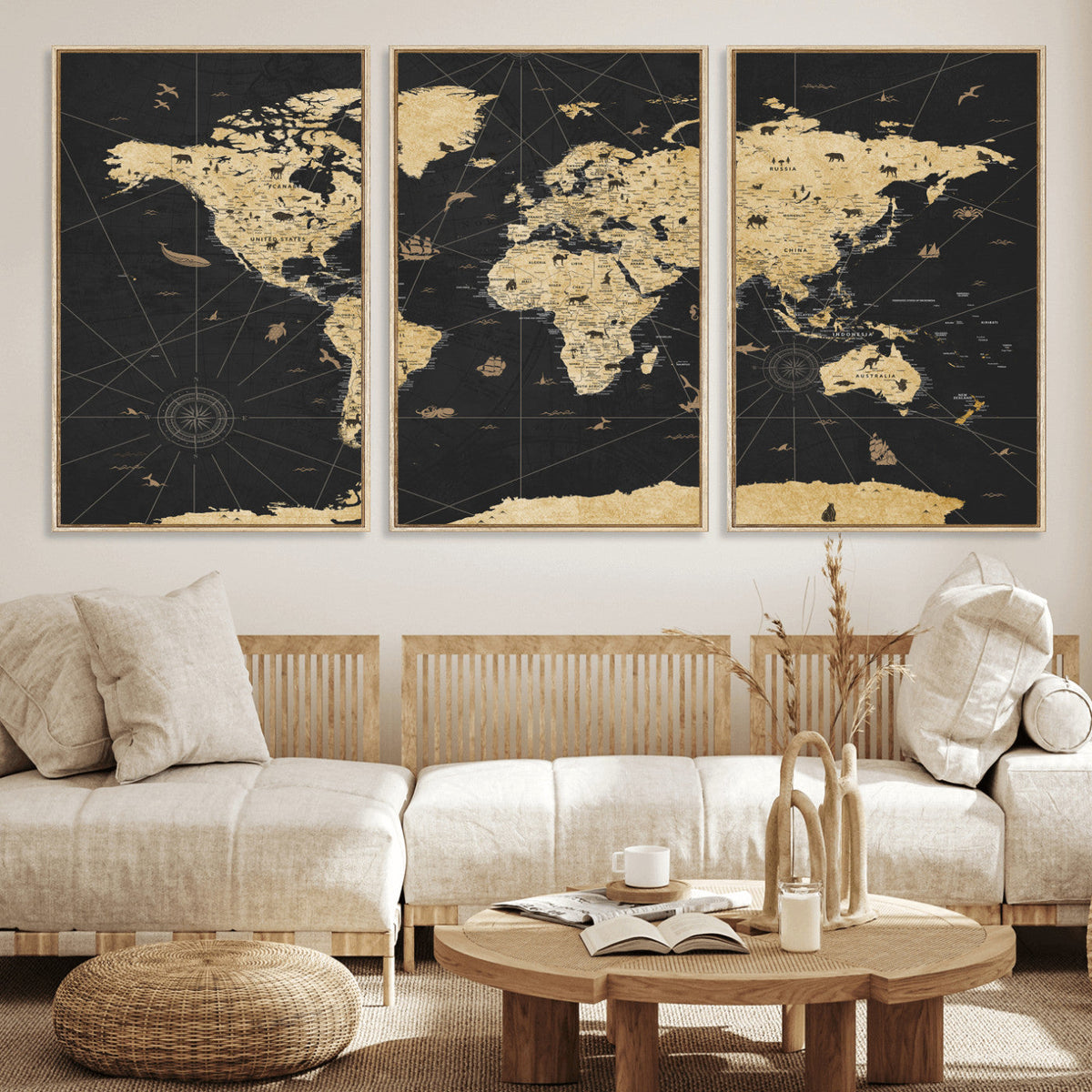 Vintage Blue and Brown World Map Canvas Wall Art | Framed Rustic Map Print