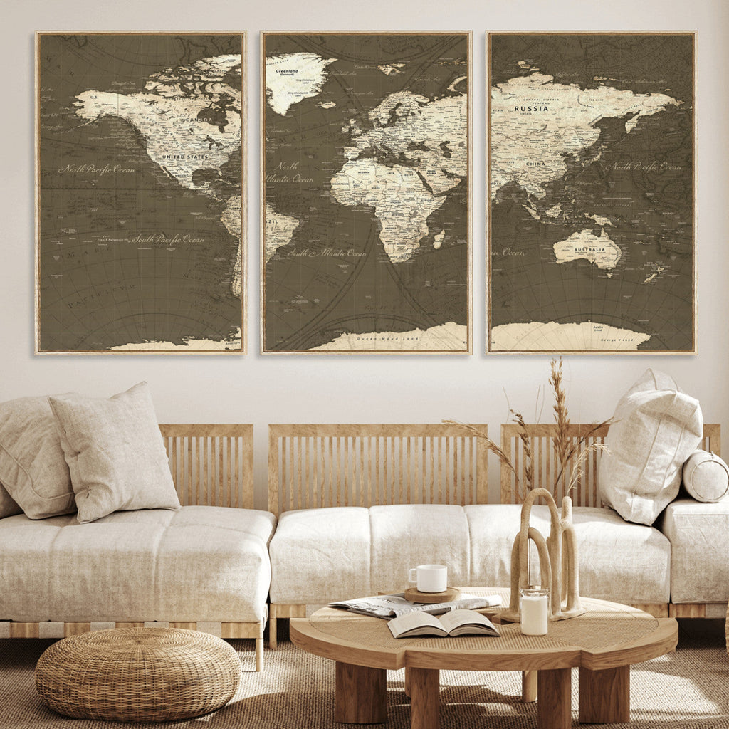 Vintage World Map Canvas Print | Framed Travel Map Wall Art for Couples