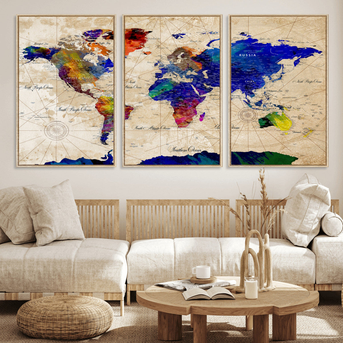 Watercolor World Map Canvas Print | Framed Wall Art for Couples