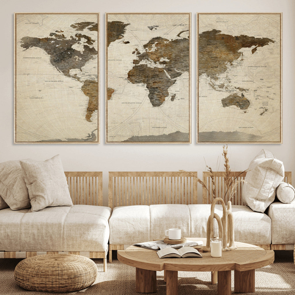 Vintage World Map Canvas Wall Art | Framed Antique Style Travel Map