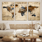 World Map Wall Art | Rustic Earth Tone Canvas Print, Antique Travel Map