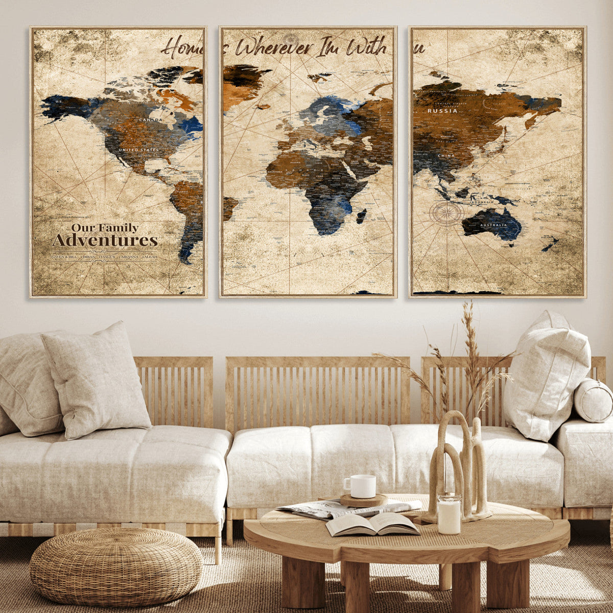 World Map Wall Art | Rustic Earth Tone Canvas Print, Antique Travel Map