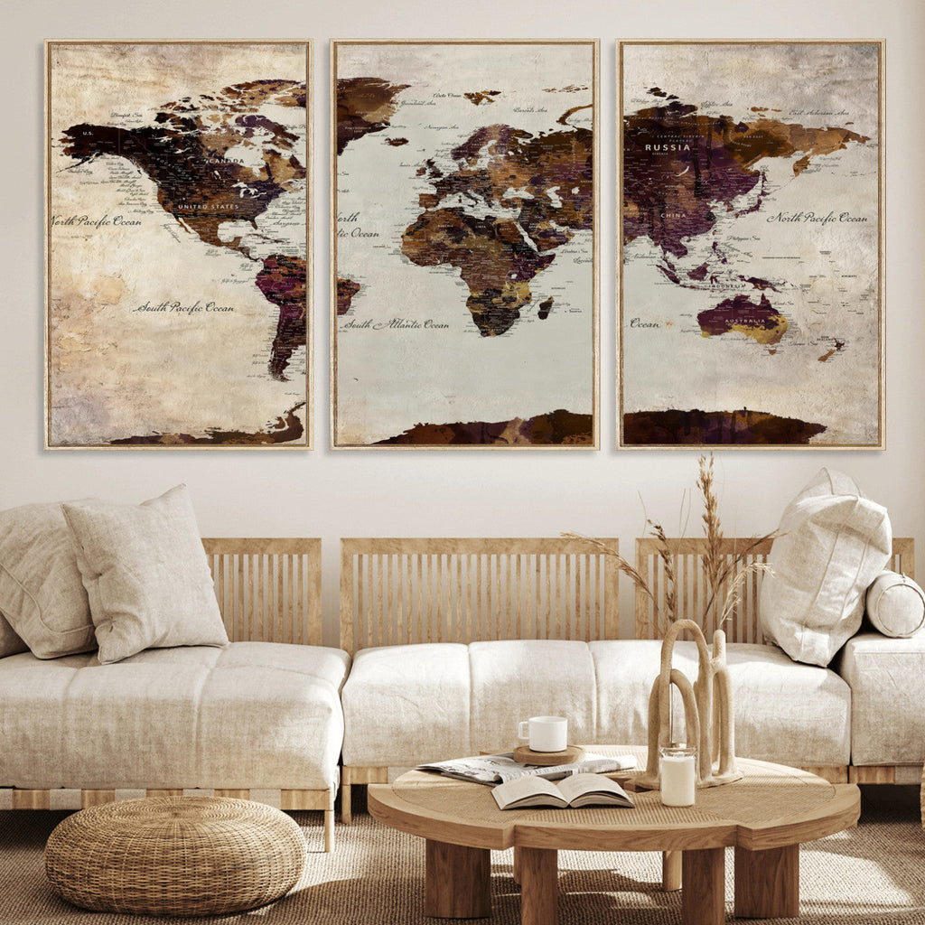 World Map Canvas Triptych | Colorful Global Wall Art for Living Rooms
