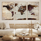 World Map Canvas Triptych | Colorful Global Wall Art for Living Rooms