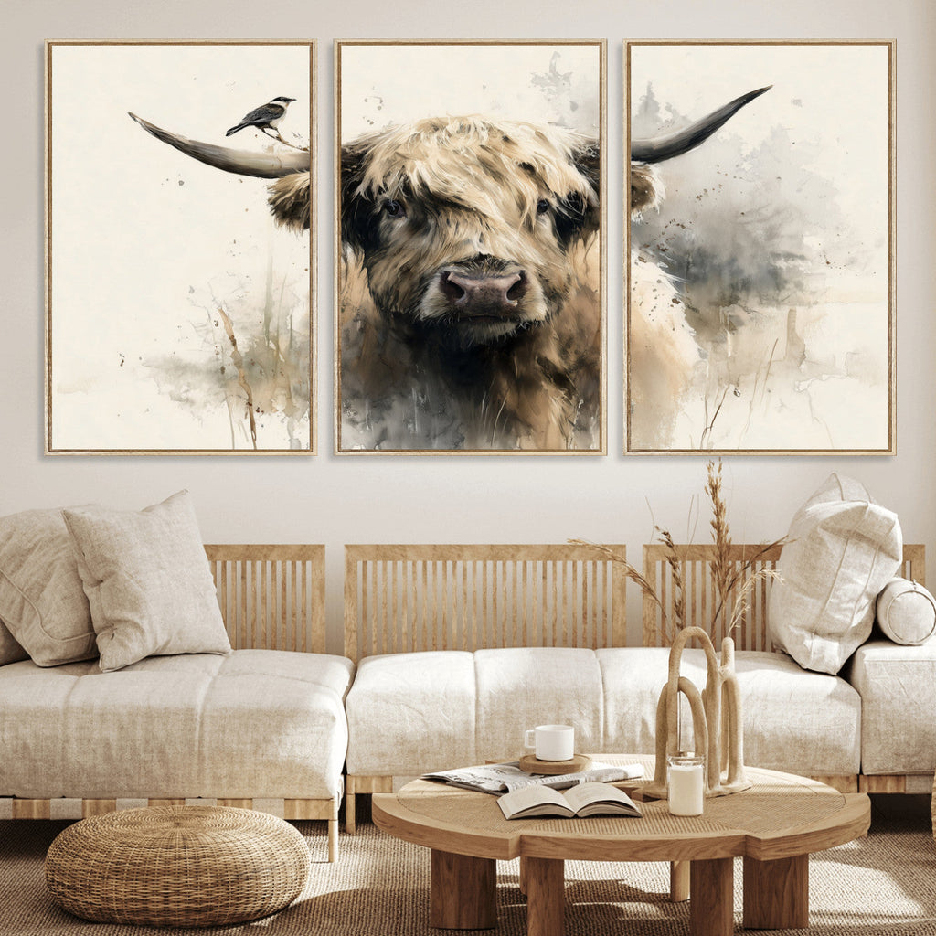 Abstract Highland Cow Wall Art Canvas Print, Rustic Farm Cattle Portrait