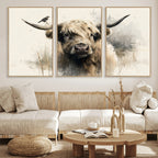 Abstract Highland Cow Wall Art Canvas Print, Rustic Farm Cattle Portrait