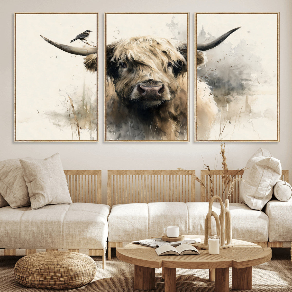Abstract Highland Cow Wall Art Canvas Print, Rustic Farm Cattle Portrait