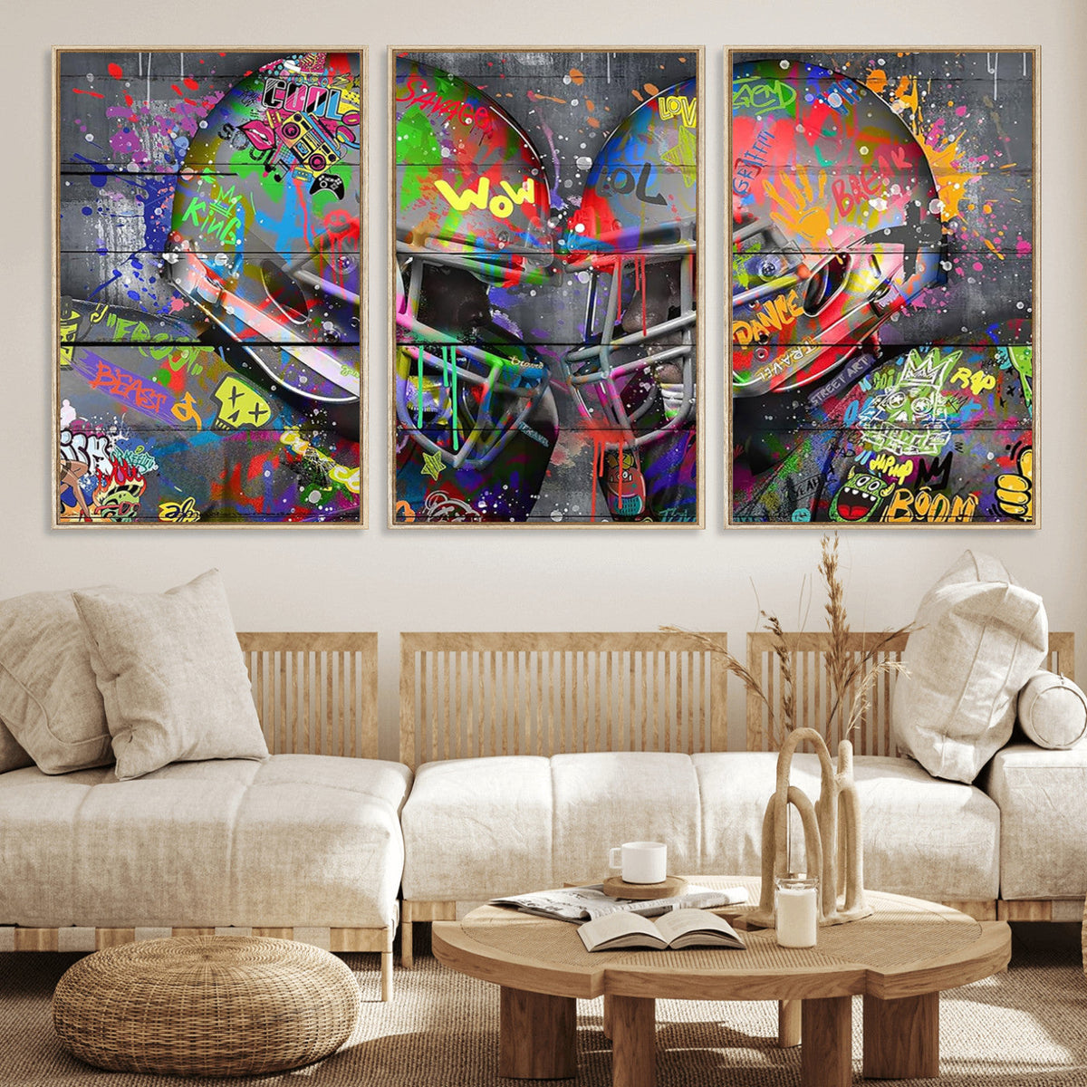 Graffiti Football Helmets Wall Art Canvas Print, Urban Street Art