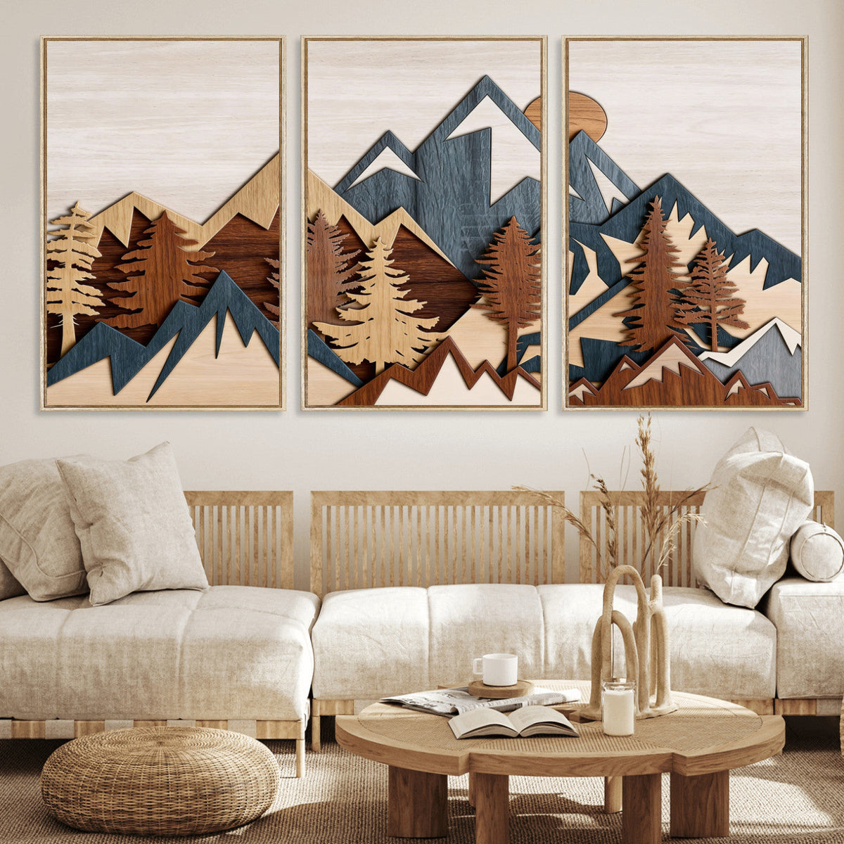 Layered Wooden Mountain Wall Art Canvas Print, Modern Rustic Forest and Pine Landscape