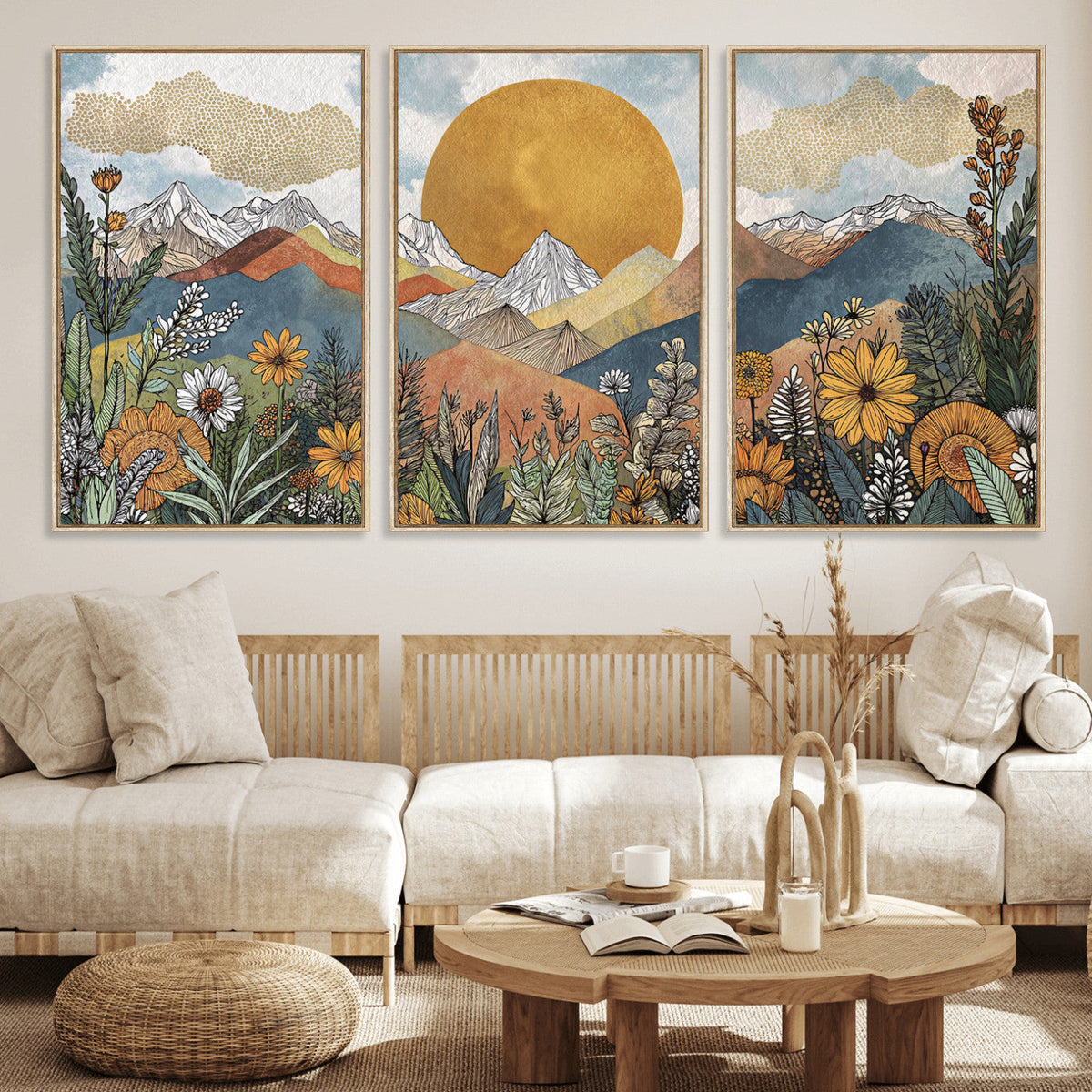 Boho Mountain Landscape Large Wall Art, Horizontal Gold Sun and Flowers Print