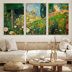Gustav Klimt Boho Mountain Landscape Large Wall Art, Gold Sun and Flowers Print