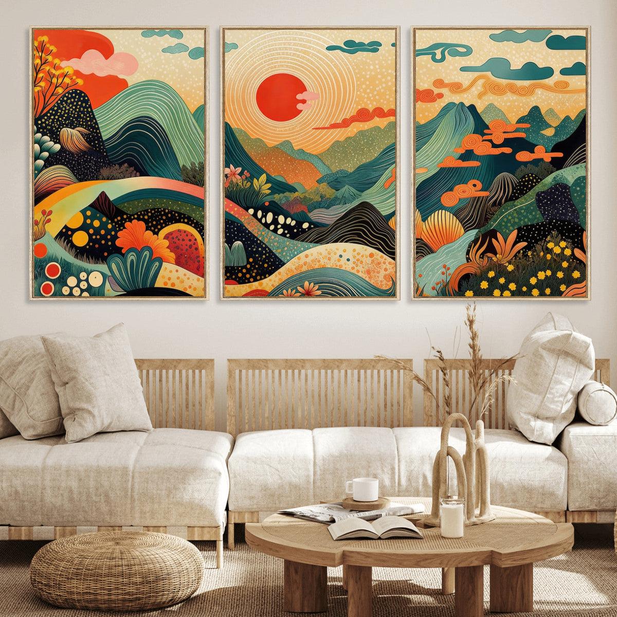 Yayoi Kusama Boho Mountain Landscape Large Wall Art, Gold Sun and Flowers Print