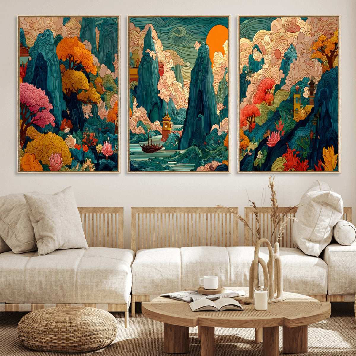 Colorful Japanese Landscape Print: Maximalist Panoramic Wall Art