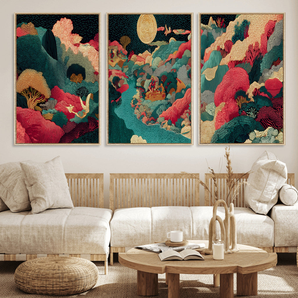 Colorful Japanese Landscape Print: Maximalist Panoramic Wall Art
