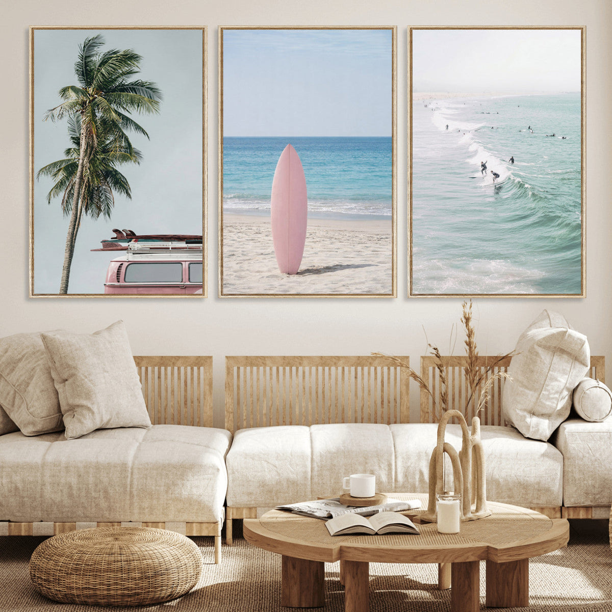 Surf Canvas Wall Art Set, Pink Surfboard VW Van Palm Tree