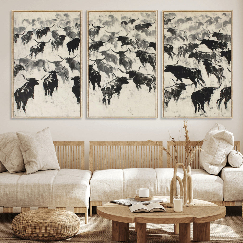 Longhorn Cattle Canvas Wall Art, Black White Stampede Ink