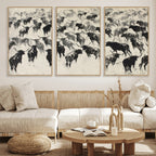 Longhorn Cattle Canvas Wall Art, Black White Stampede Ink