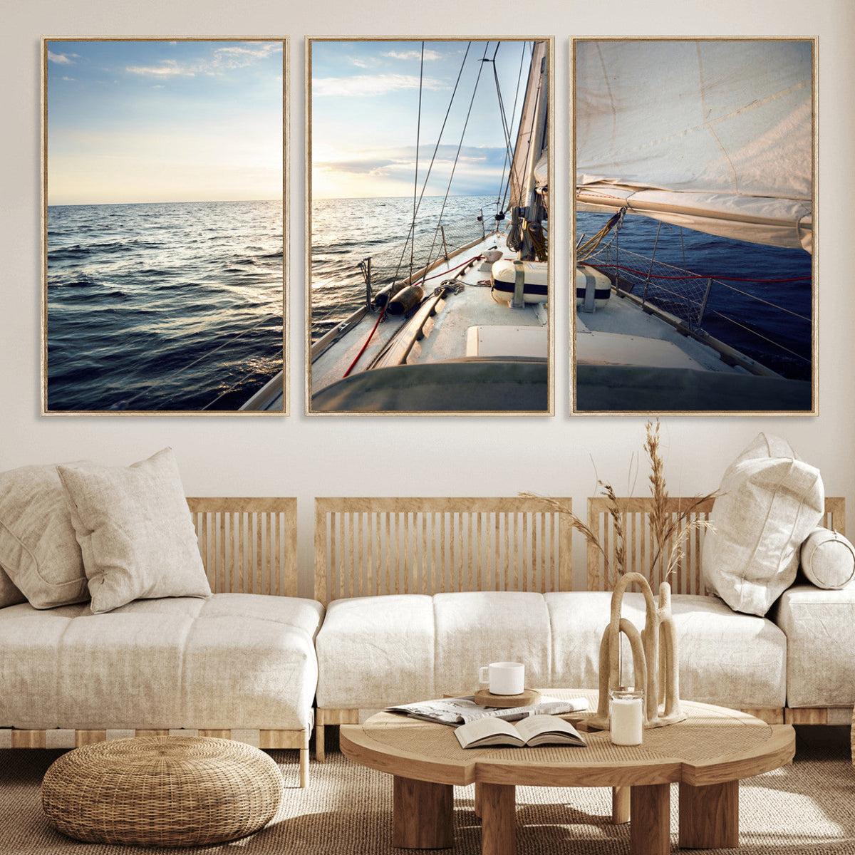 Sailboat Wall Art Canvas Print, Ocean Sunset Sailing Framed Artwork