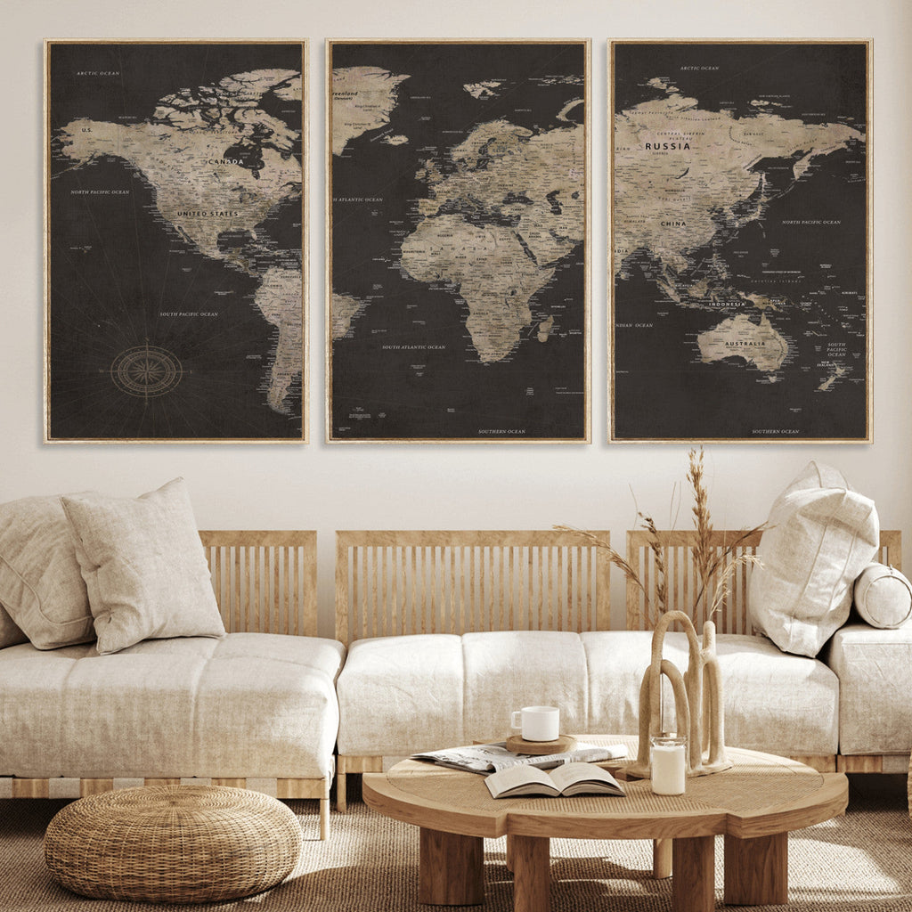 World Map Canvas Wall Art, Dark Charcoal and Antique Tan Detailed Map