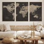 World Map Canvas Wall Art, Dark Charcoal and Antique Tan Detailed Map