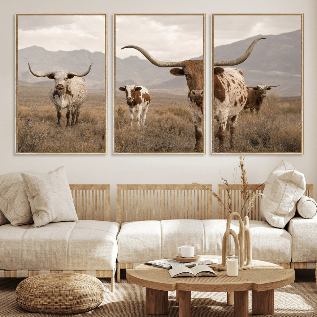 Rustic Texas Longhorn Cow Canvas Wall Art Print, Farm Animal Photography