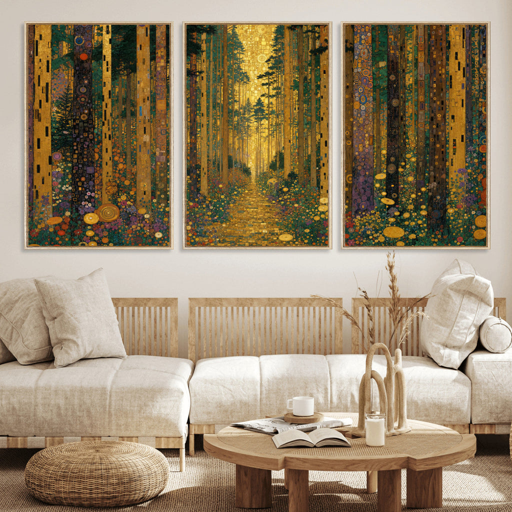 Gustav Klimt Style Forest Canvas Wall Art, Golden Forest Path Floral Art Nouveau Print