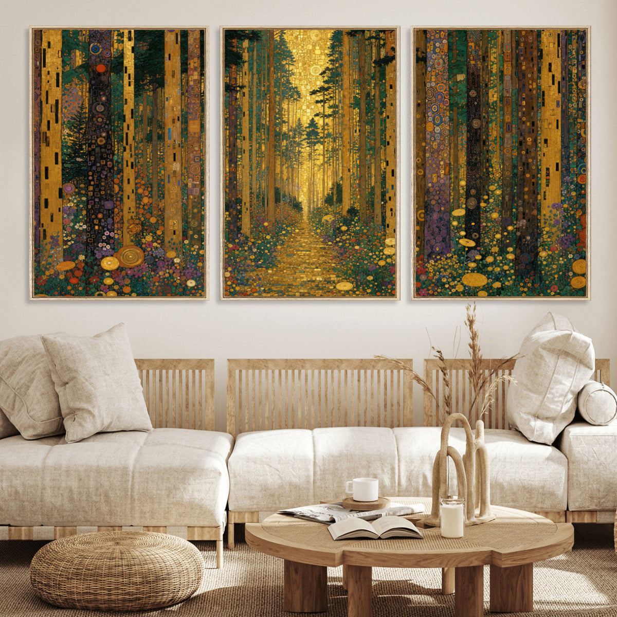Gustav Klimt Style Forest Canvas Wall Art, Golden Forest Path Floral Art Nouveau Print