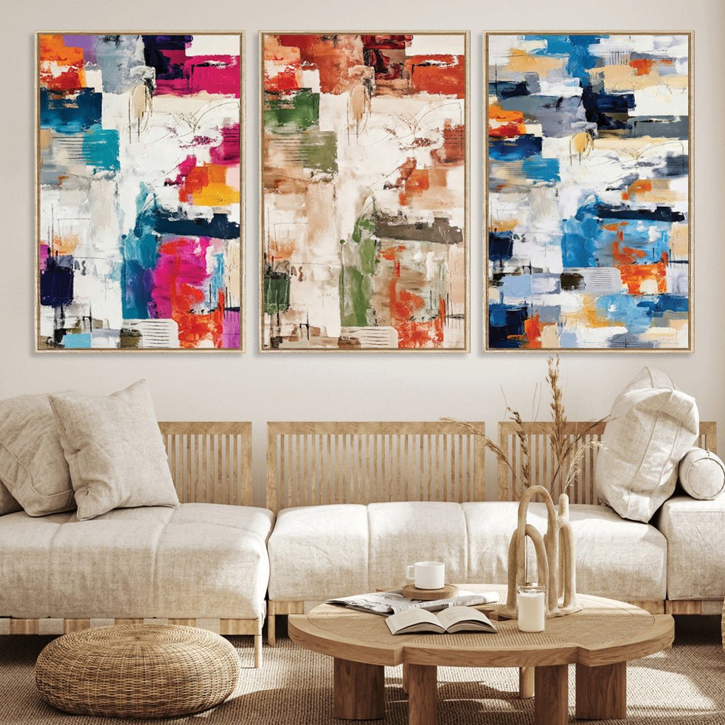 Blue Teal Abstract Canvas Wall Art, Modern Brushstroke Style Print, Navy Orange Contemporary Decor
