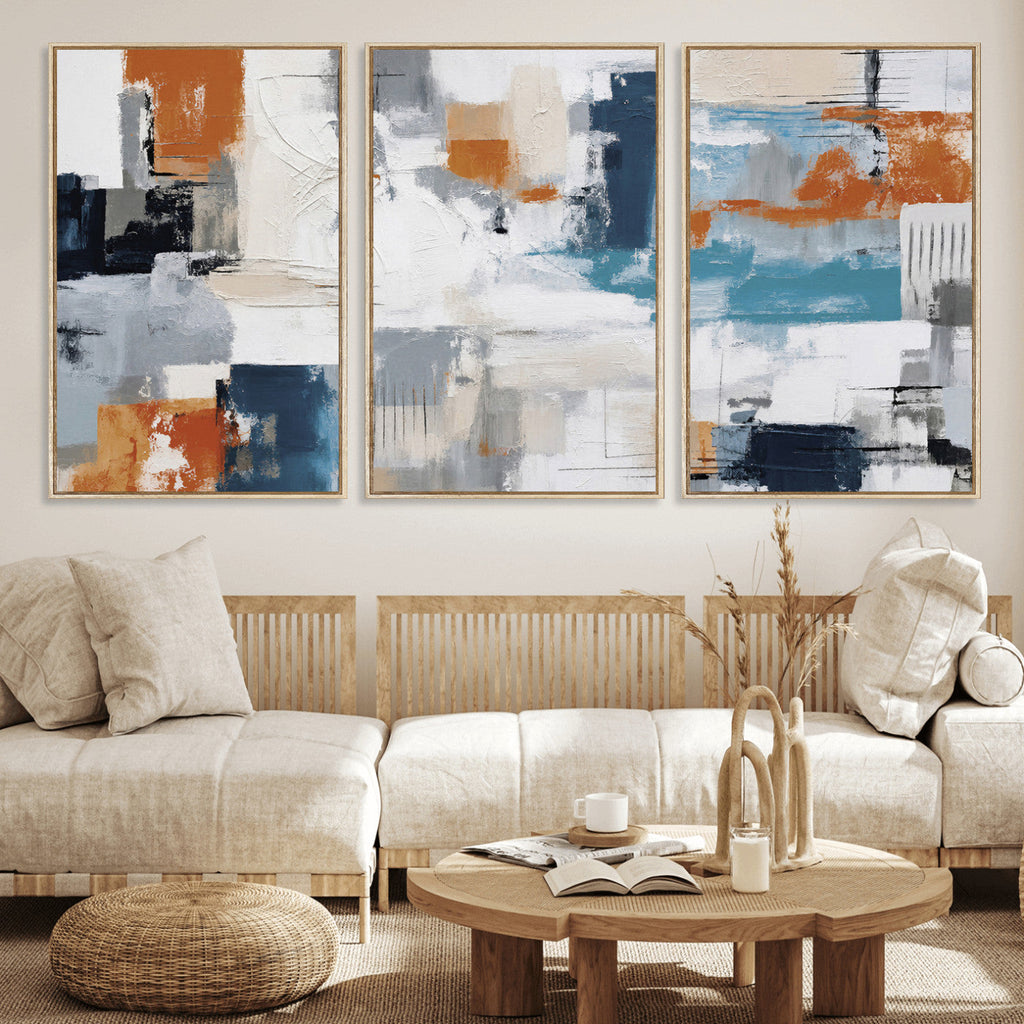 Blue Teal Abstract Canvas Wall Art, Modern Brushstroke Style Print, Navy Orange Contemporary Decor