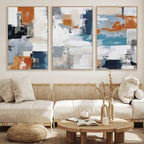 Blue Teal Abstract Canvas Wall Art, Modern Brushstroke Style Print, Navy Orange Contemporary Decor
