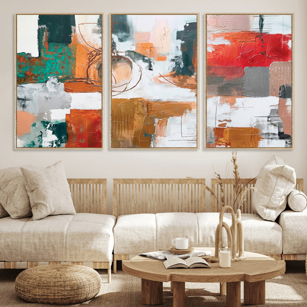 Blue Teal Abstract Canvas Wall Art, Modern Brushstroke Style Print, Navy Orange Contemporary Decor