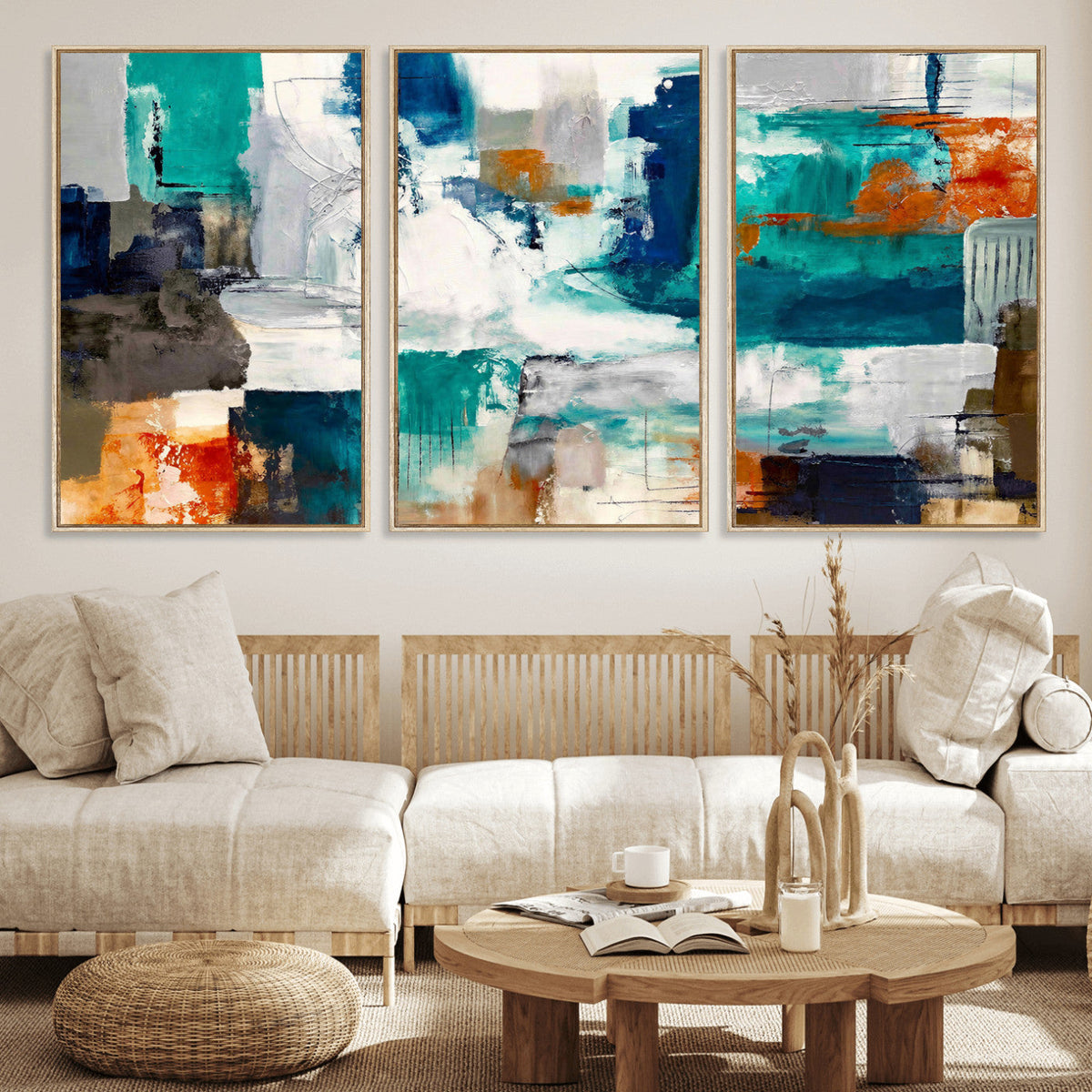 Blue Teal Abstract Canvas Wall Art, Modern Brushstroke Style Print, Navy Orange Contemporary Decor