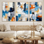 Blue Teal Abstract Canvas Wall Art, Modern Brushstroke Style Painting Print, Navy Orange Contemporary Decor