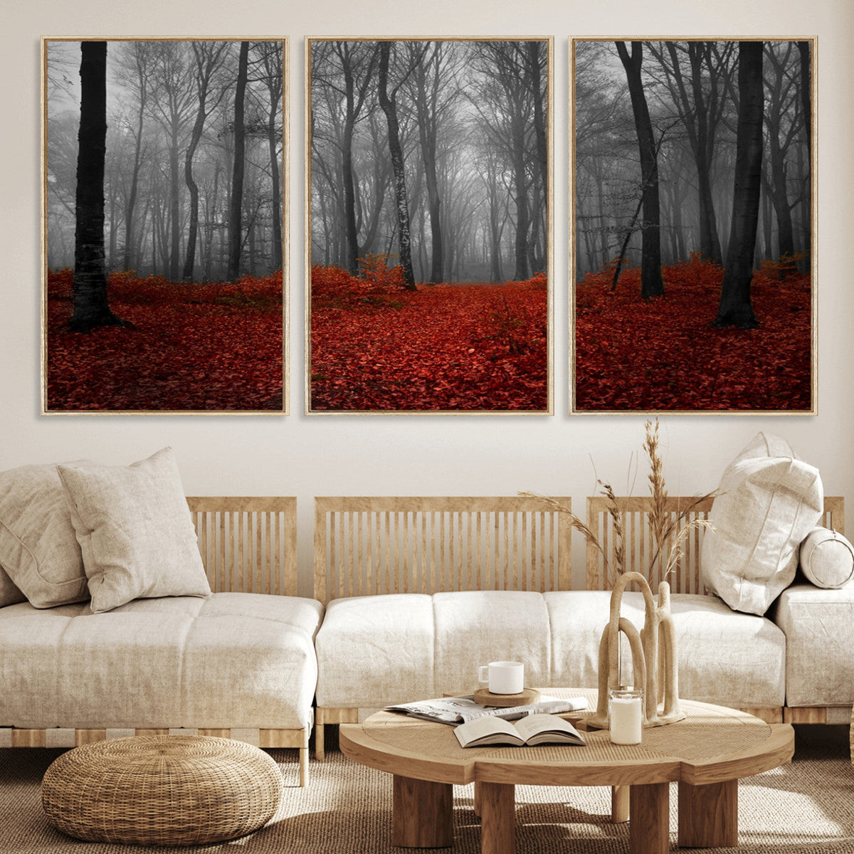 Red Forest Floor Canvas Wall Art | Mystical Foggy Woodland Triptych