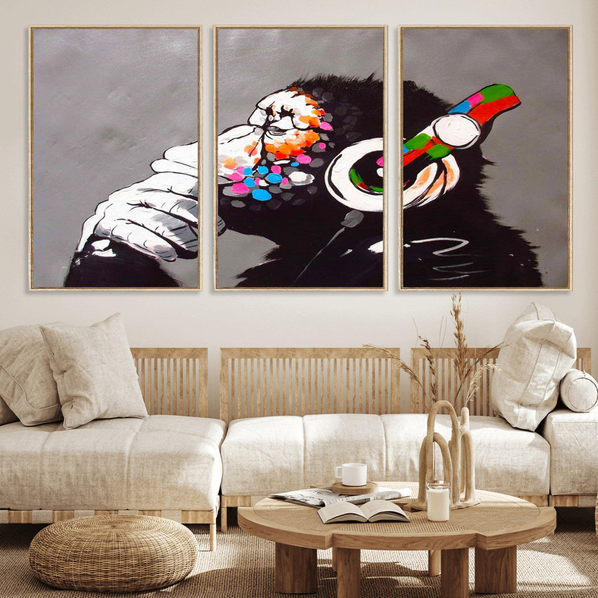 DJ Monkey Listening to Music Wall Art Print | Banksy Monkey Large Canvas Print