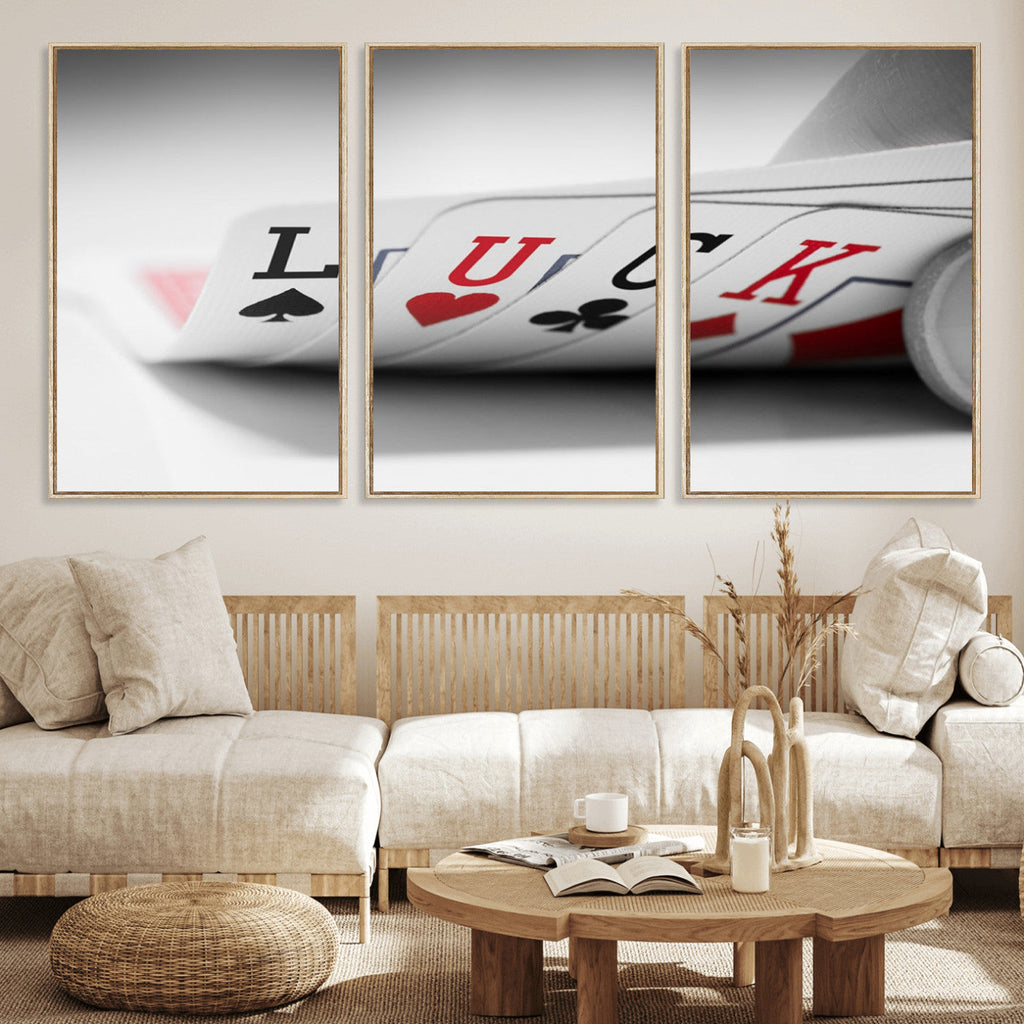 Framed Lucky Poker Cards Canvas | Modern Triptych Wall Art for Game Rooms