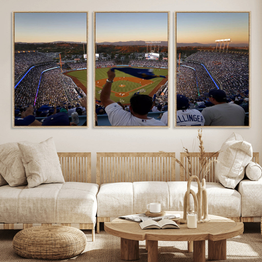 Dodger Stadium Sunset Game Triple Canvas Wall Art, Los Angeles Dodgers MLB Match