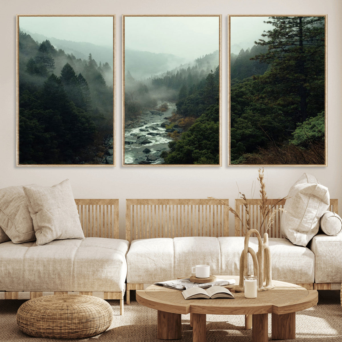 Misty Forest Wall Art, Tranquil Nature Landscape, Ready to Hang | Extra Large 3 Piece Canvas Wall Art