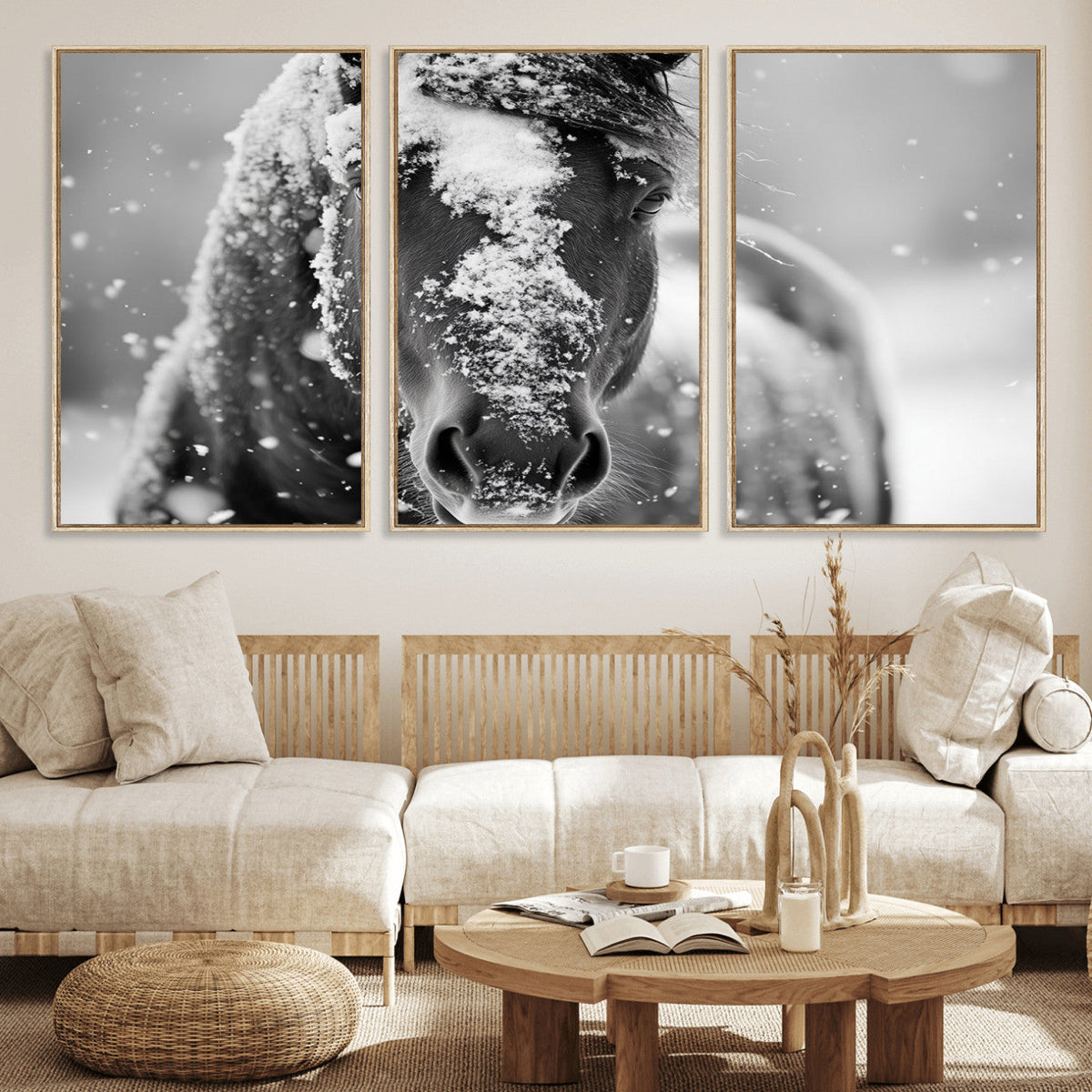 Black and White Horse Winter Wall Art, Ready to Hang