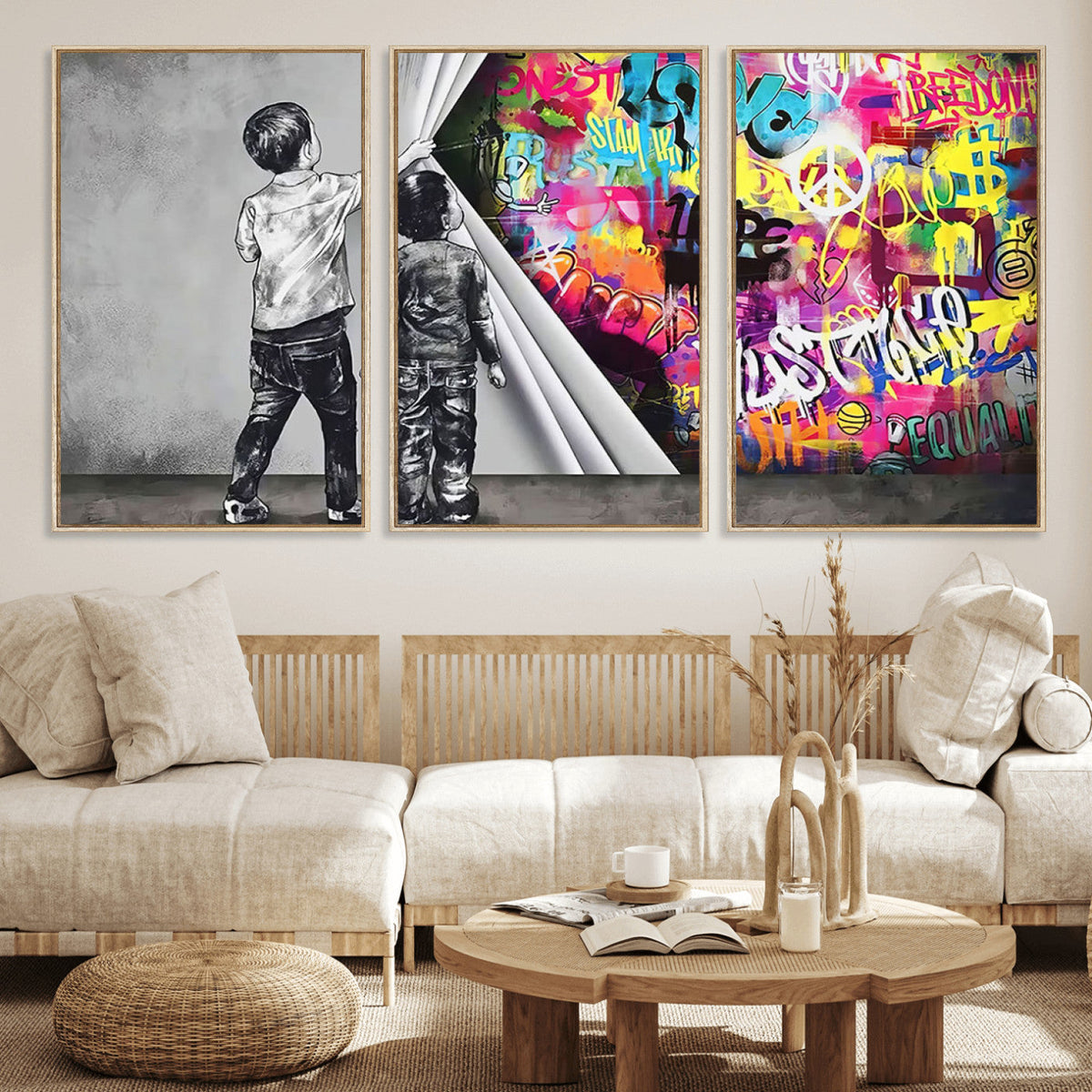 Banksy Print, Street Art Canvas Wall Art, Kids Revealing Graffiti, Urban Modern Decor