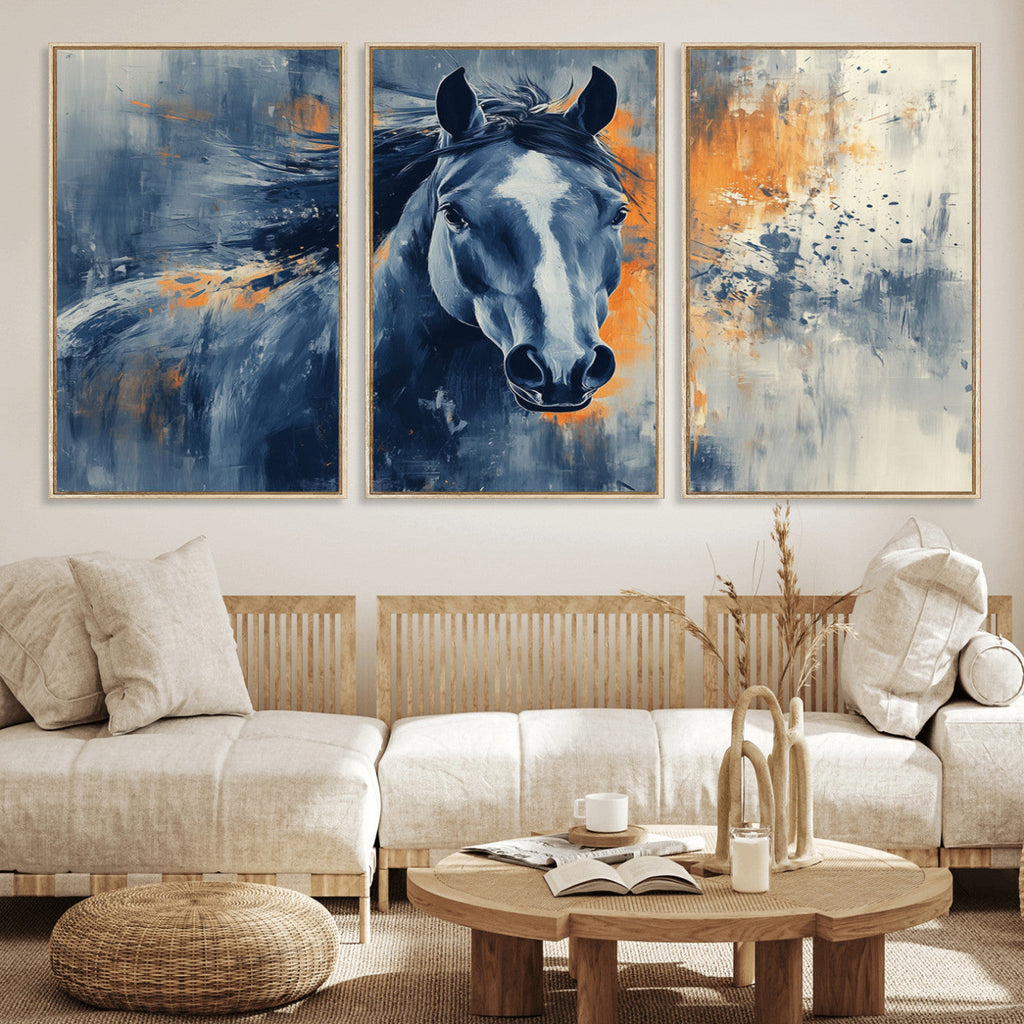 Abstract Blue Horse Wall Art Print Canvas | Western Horse Wall Art for Farmhouse Decor