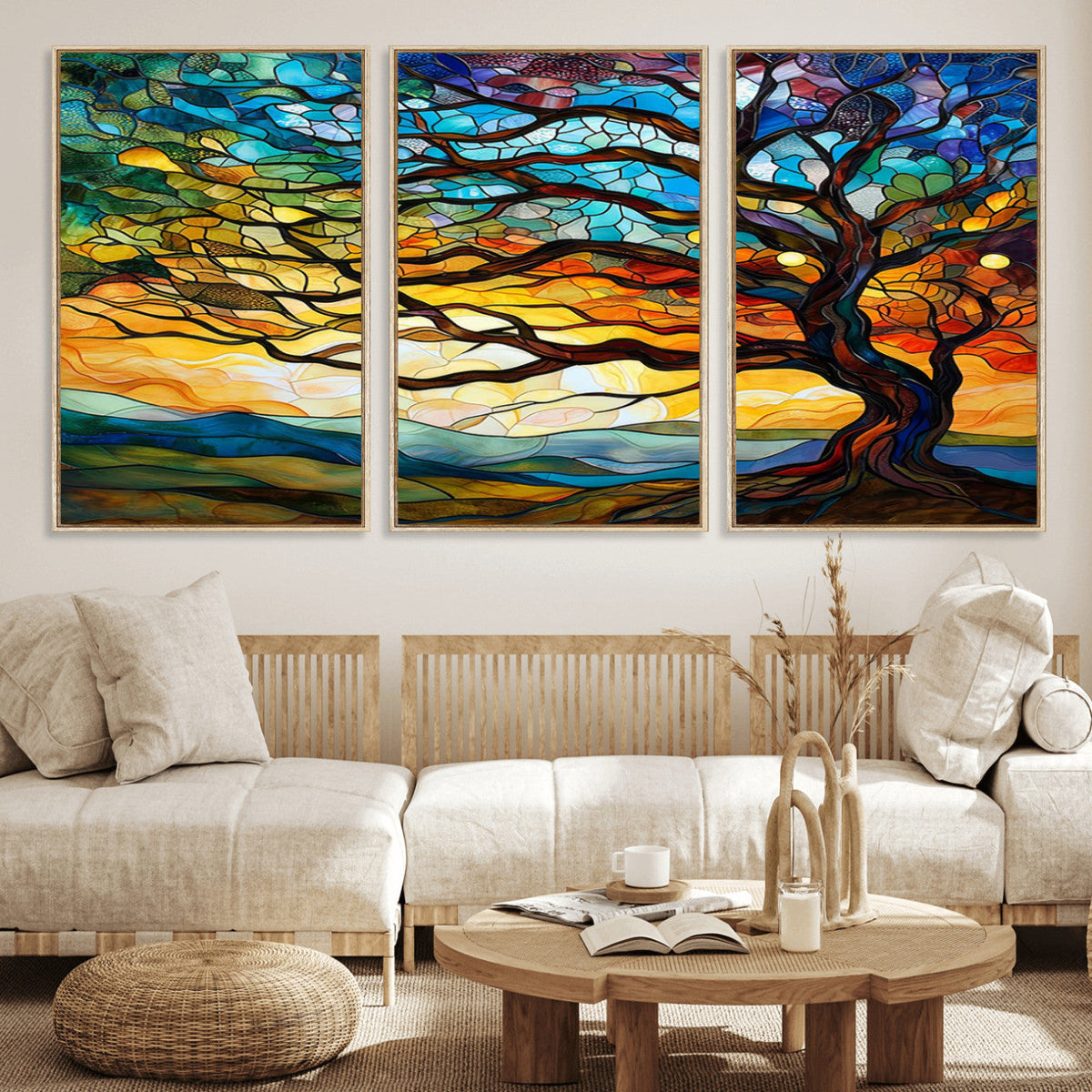 Vibrant Mosaic Tree of Life Wall Art, Stained Glass Style Canvas Print