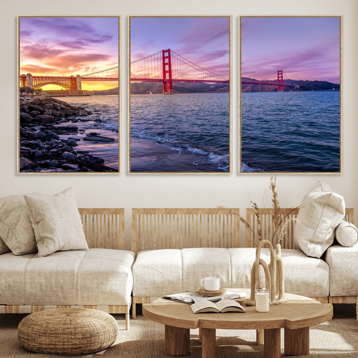 Golden Gate Bridge Wall Art Canvas Print, Framed San Francisco Sunset Landmark
